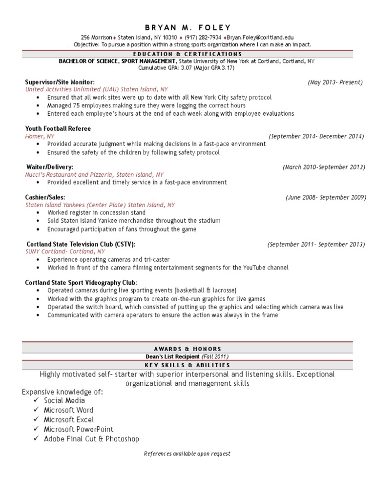 Bryan Foley: Sports Management Resume | PDF