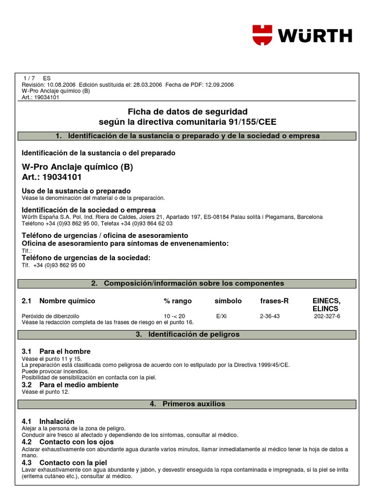 Msds Anclaje Quimico Wpro Wurth PDF Toxicidad Agua