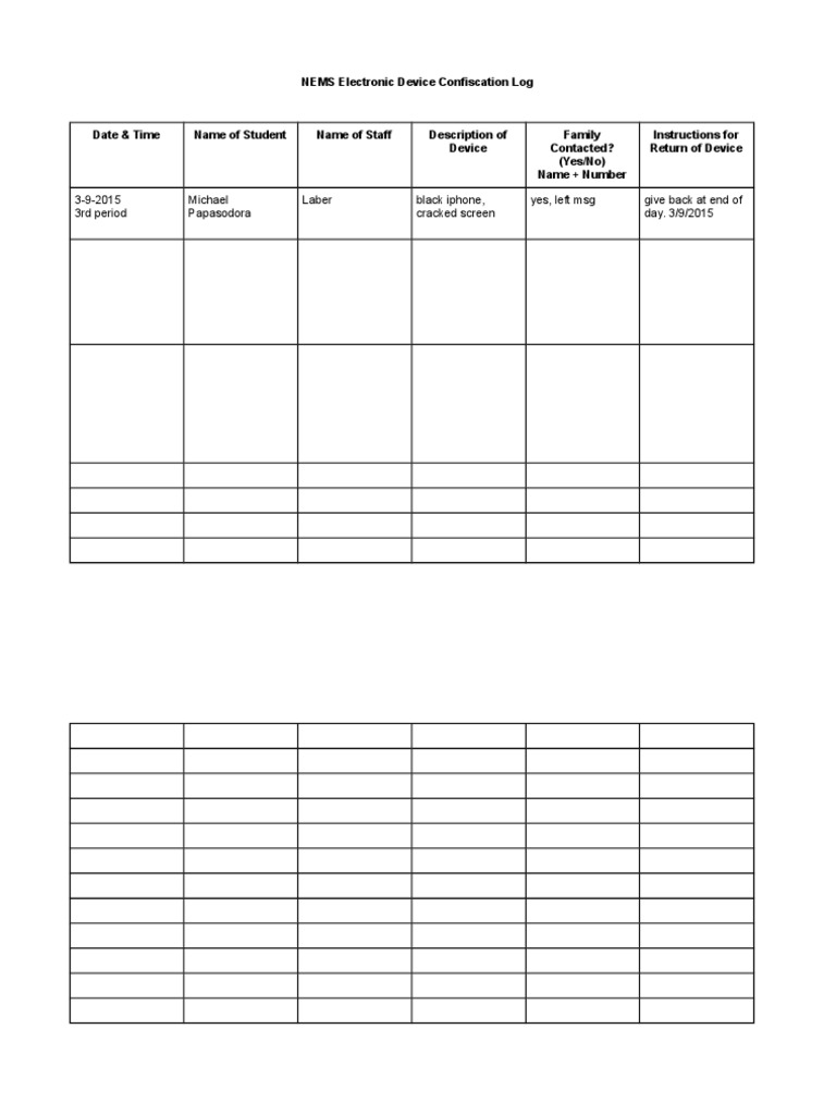 NEMS Device Confiscation Log | PDF | Language Arts & Discipline