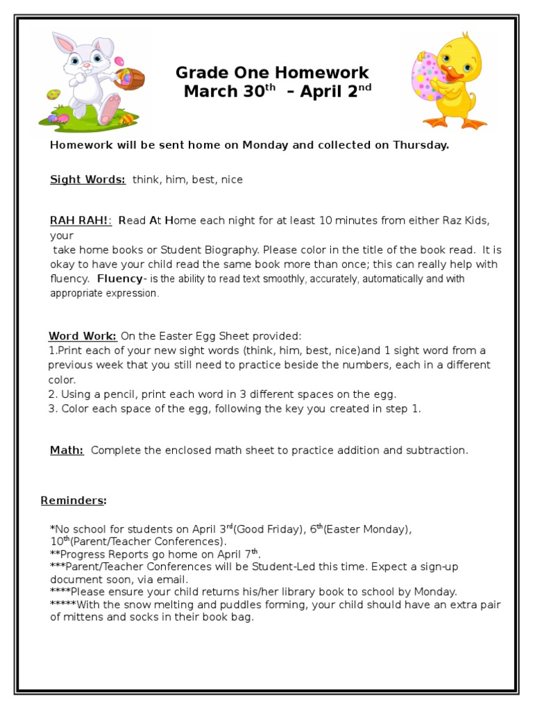 Grade One Homework March 30 - April 2 | PDF