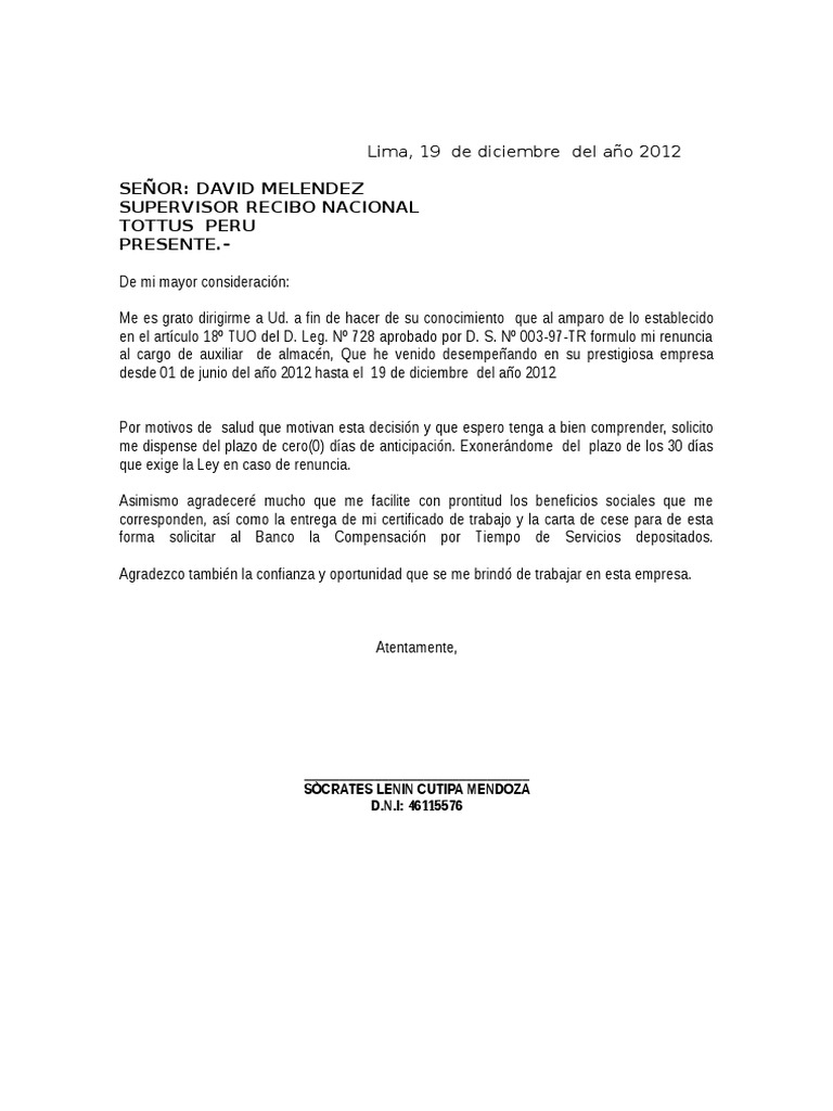 Carta de Renuncia (Tottus)
