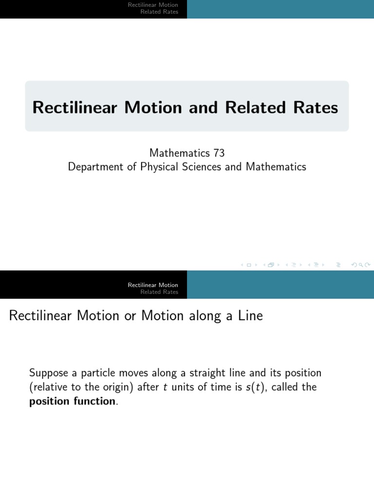 Rectilinear Motion and Related Rates | PDF | Velocity | Acceleration