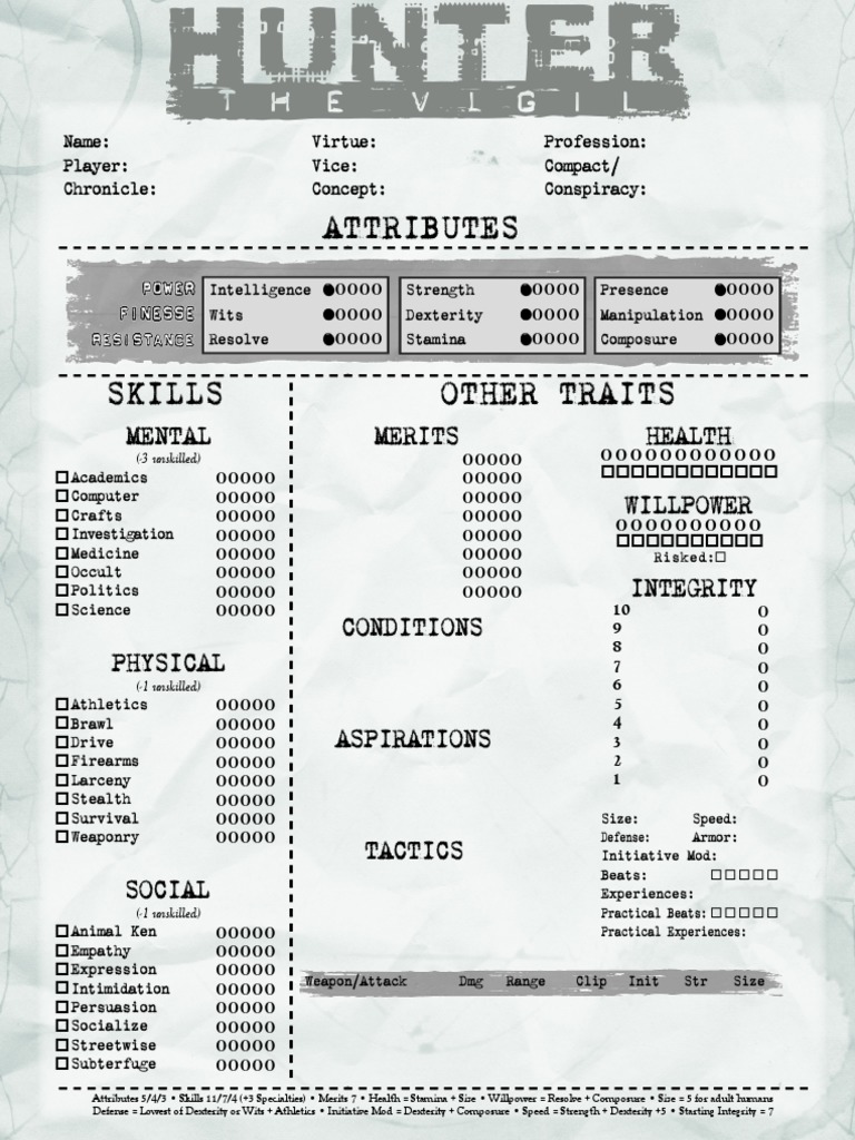 Hunter The Vigil - Mortal Remains Scanned Character Sheet