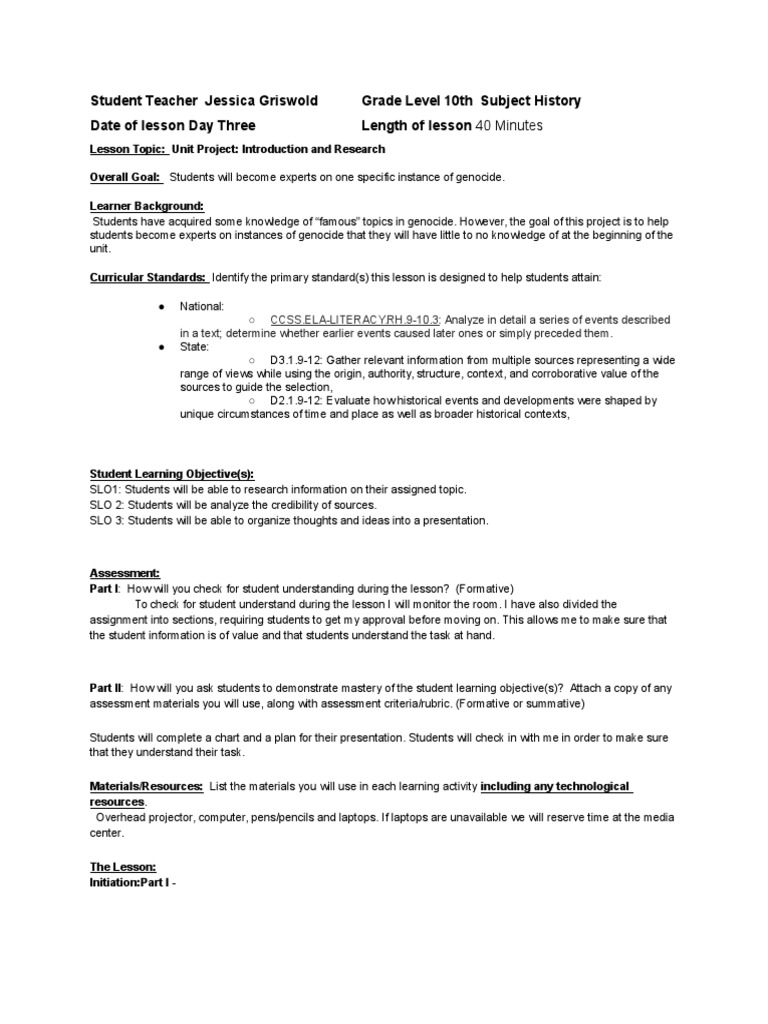 Student Teacher Jessica Griswold Grade Level 10th Subject History Date ...