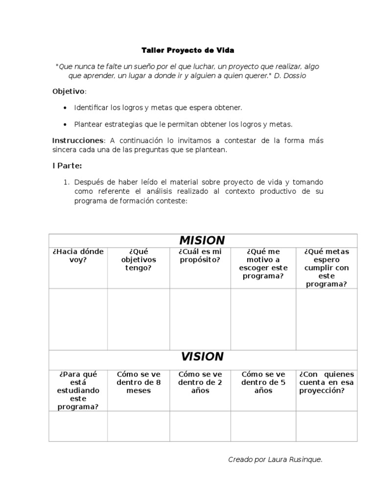 Taller de Proyecto de Vida Personal | PDF | Cognición | Conceptos ...