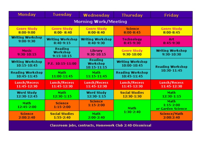 Weekly Class Schedule Overview | PDF | Language Arts & Discipline