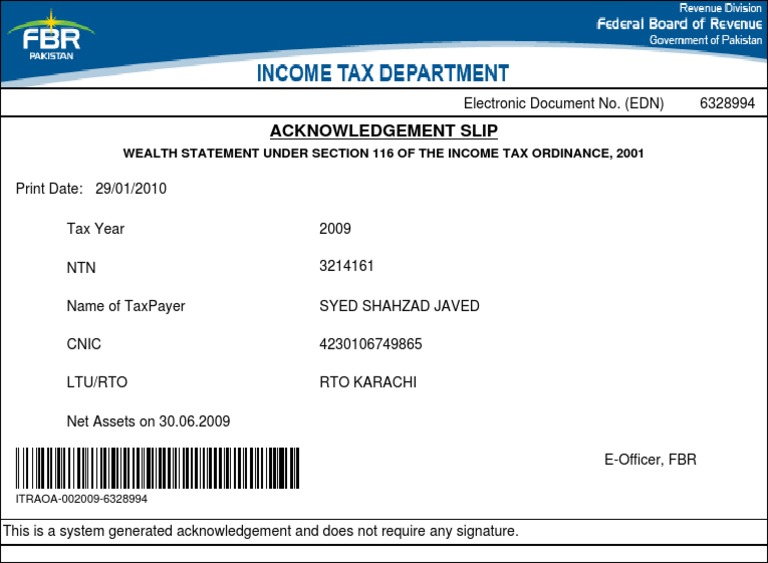 FBR Wealth Statement Acknowledgement 2009 | PDF | Finance & Money ...