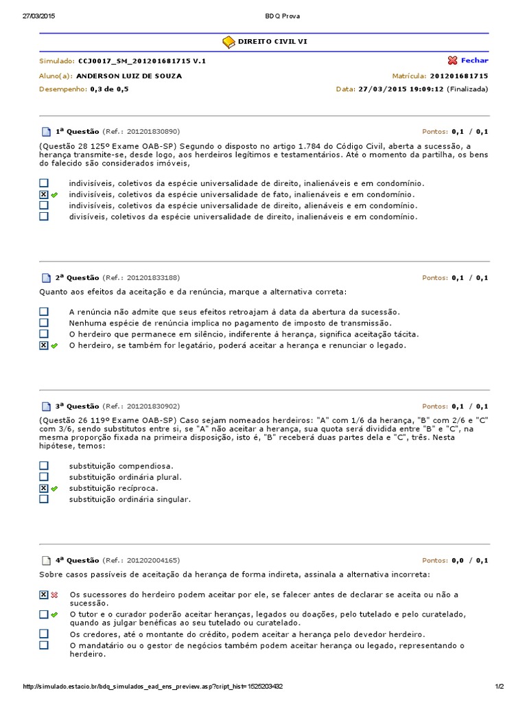 Prova de Pratica Civil IV Estácio, Provas Direito Civil