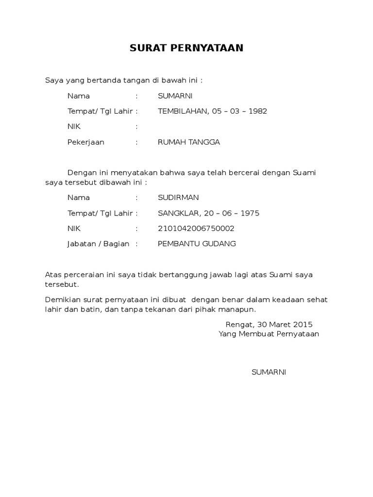 Surat Pernyataan Cerai Pdf