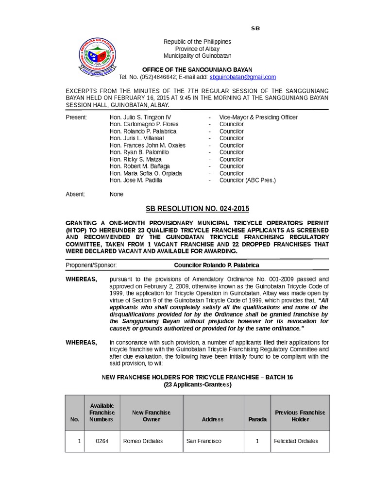 0242015 SB Res. 23 Tricycle Franchise PDF Philippines Local
