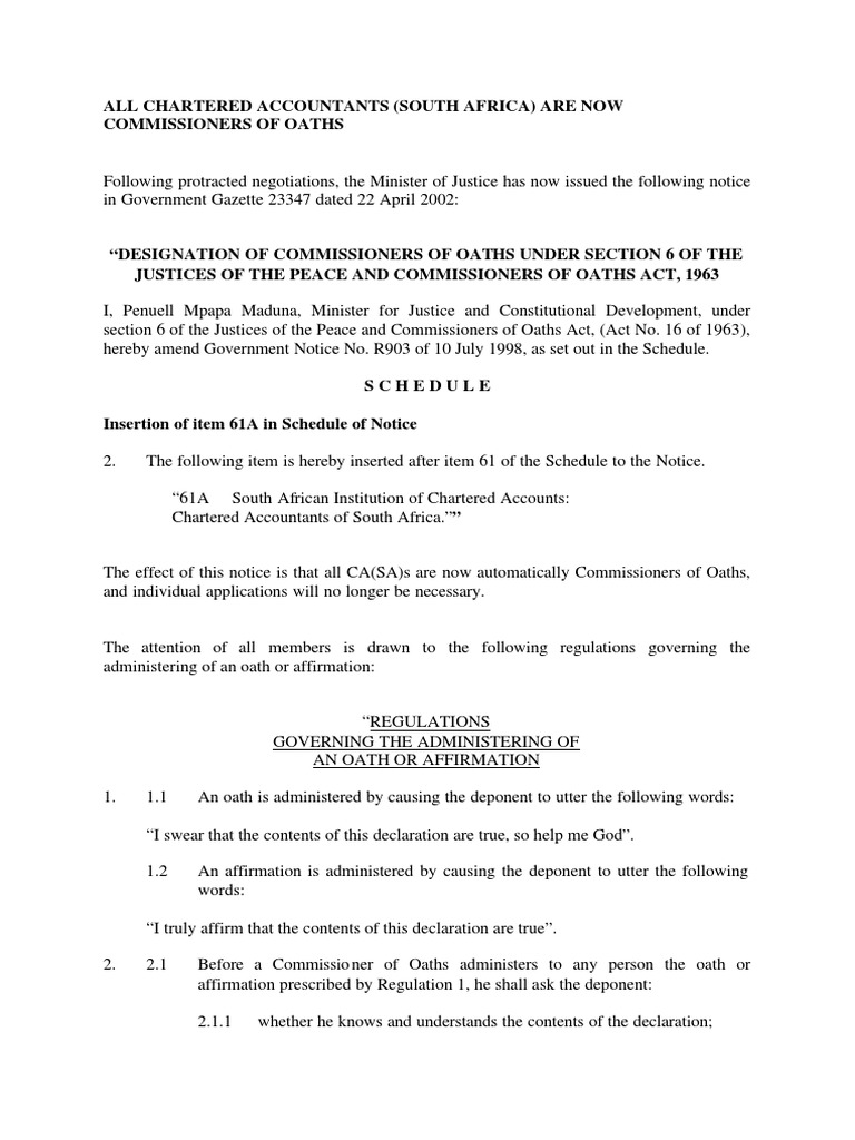 CA's (SA) Commissioner of Oaths PDF Oath Of Office Notary Public