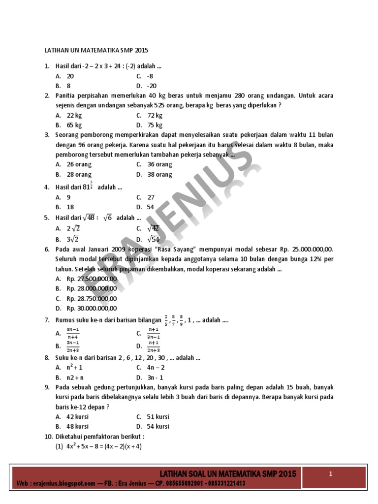 LATIHAN UN MATEMATIKA SMP 2015 pdf