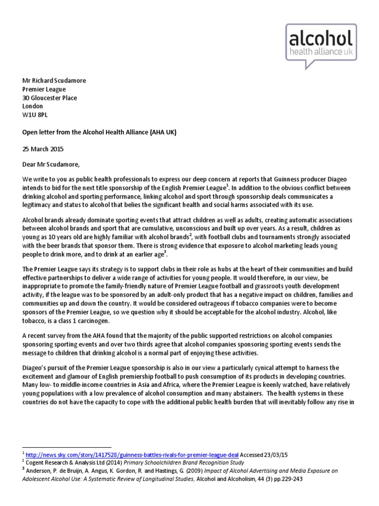Letter From AHA To Premier League | PDF | Sponsor (Commercial) | Beverages