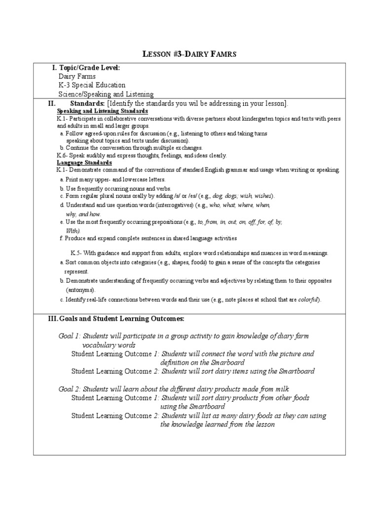 526 Lesson Plan 3Dairy Farms PDF Dairy Noun