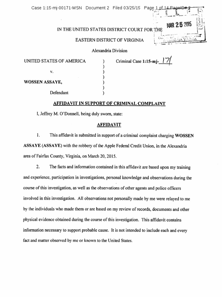 Assaye Affidavit (Robbery) Federal Bureau Of Investigation United