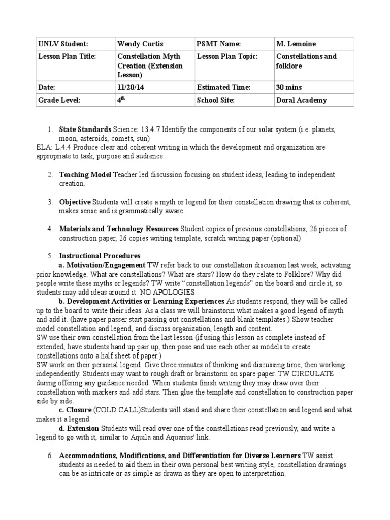 Constellation Myth Lesson Plan for 4th Grade | PDF | Lesson Plan ...