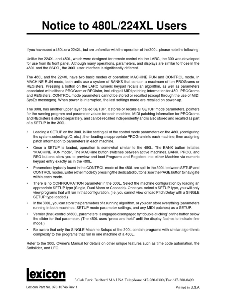 Lexicon M300L Notice To 480L/224XL Users PDF Computer Architecture