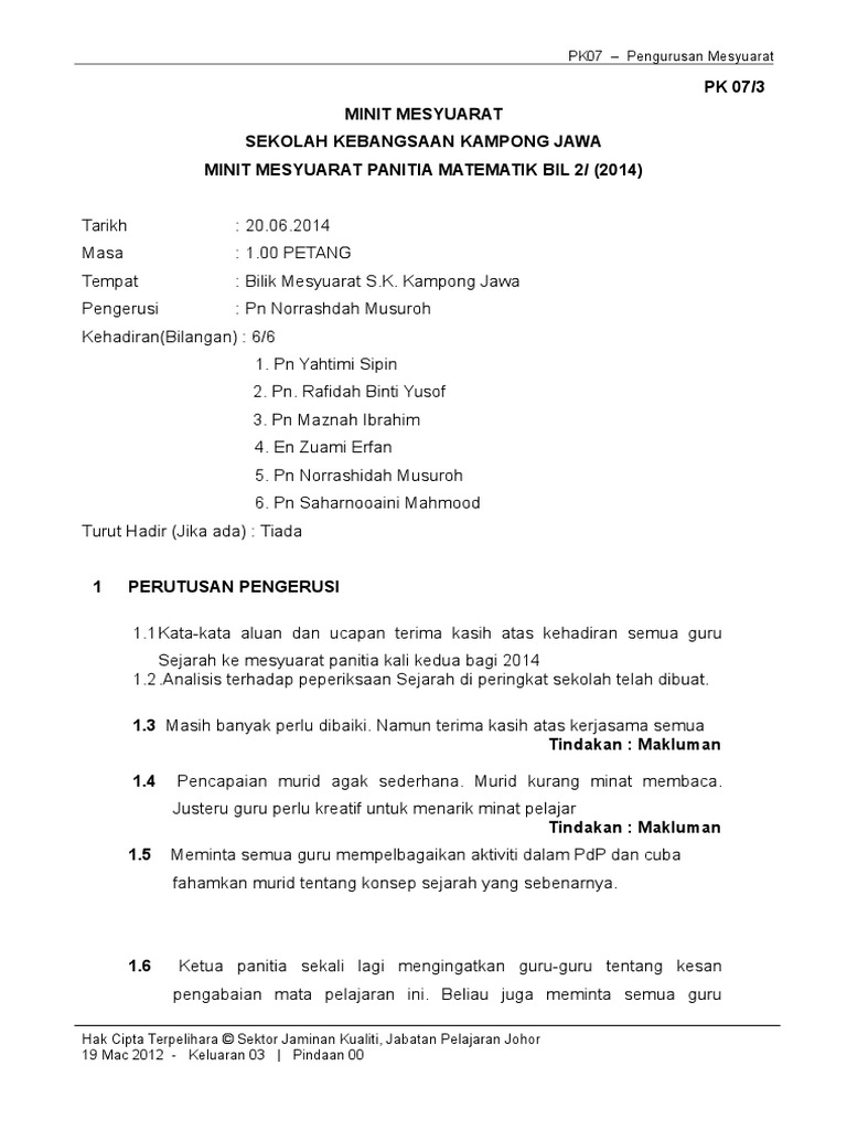 Minit Mesyuarat Panitia Sejarah Kedua 2014