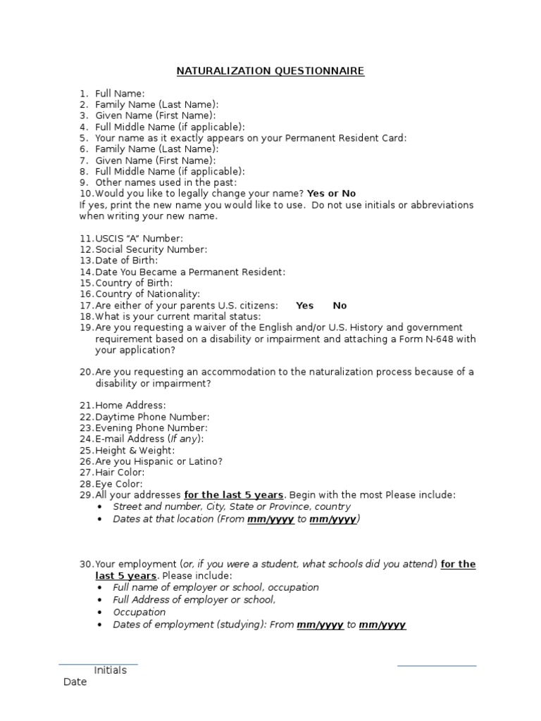 N 400 Questionnaire PDF Permanent Residence (United States