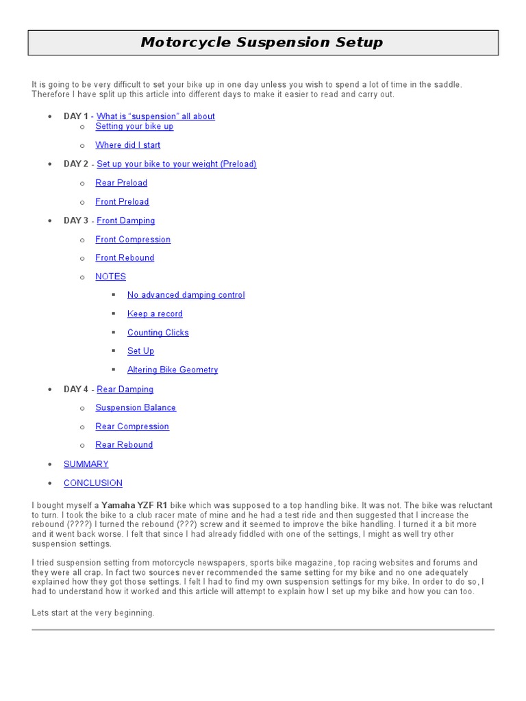 Motorcycle Suspension Setup PDF Suspension (Vehicle) Motorcycle