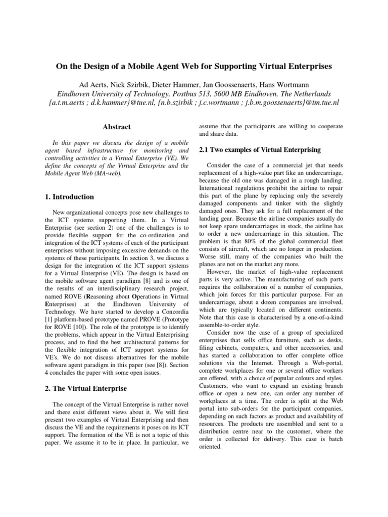 On The Design of A Mobile Agent Web For Supporting Virtual Enterprises ...