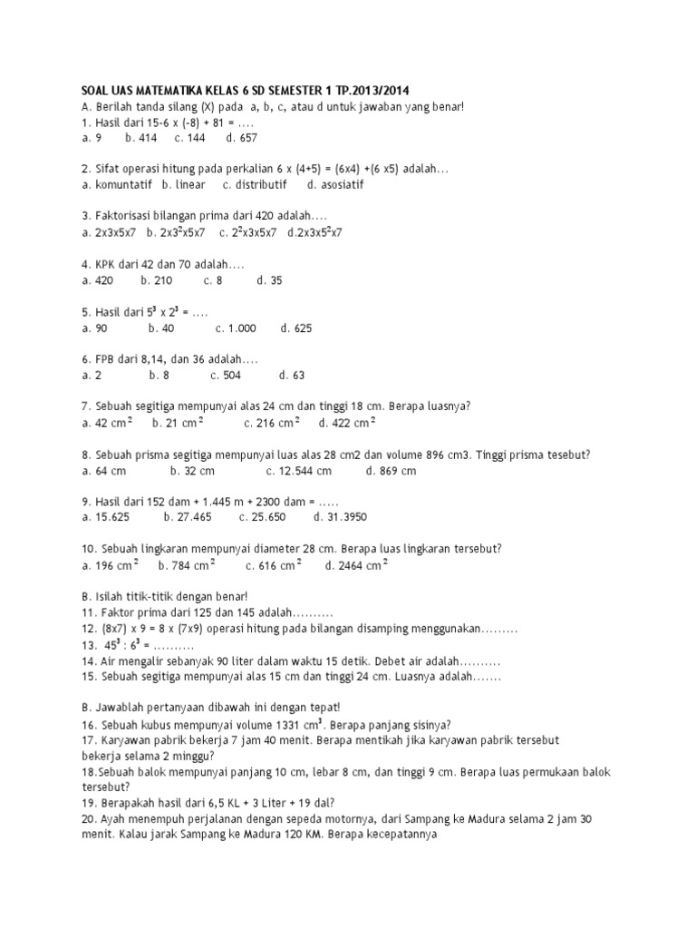 Soal Uas Matematika Kelas 6 SD Semester 1 TP PDF