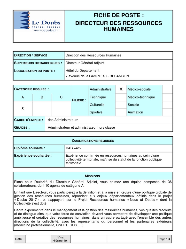 Fiche Poste Drh Ressources Humaines Psychologie