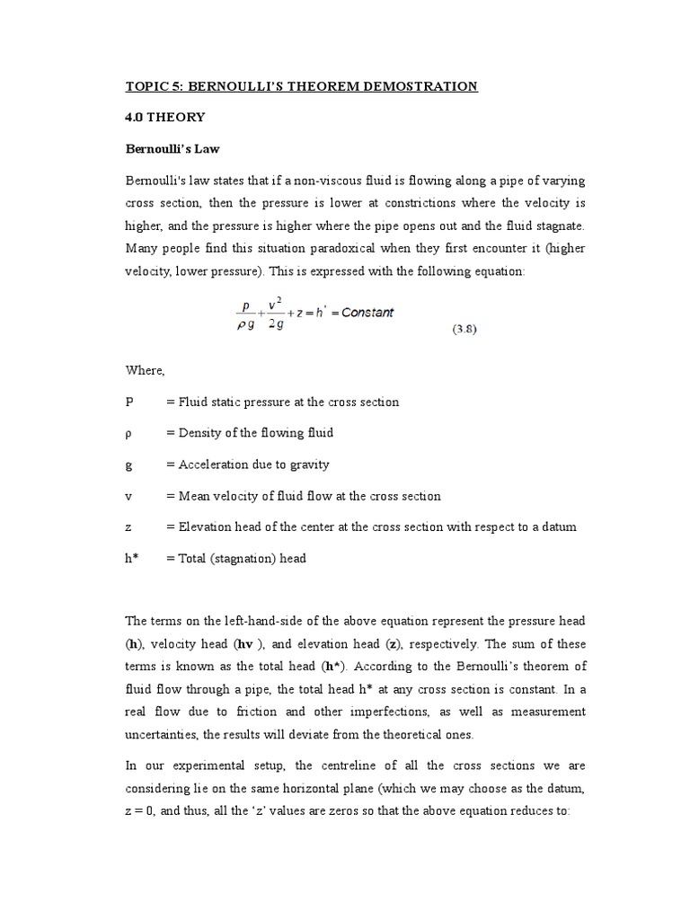 Bernoulli's Theorem Demonstration Lab Report Pressure Flow Measurement