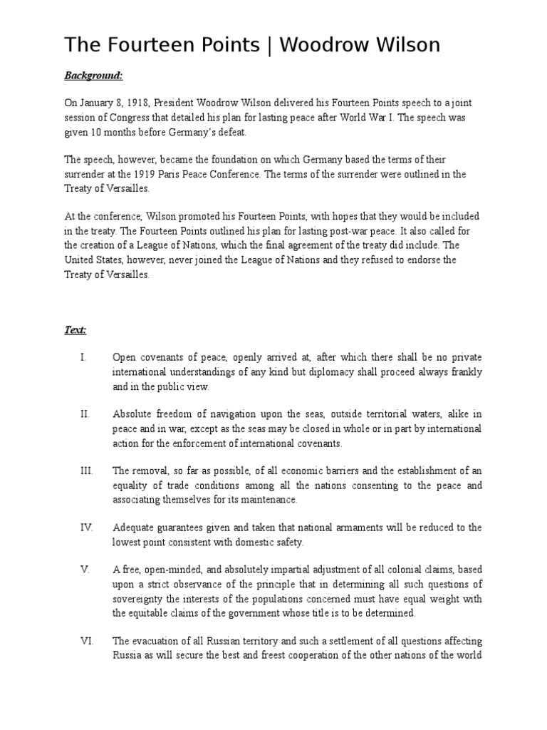 woodrow wilson 14 points on Wilson S Fourteen Points Foreign Policy Virtue