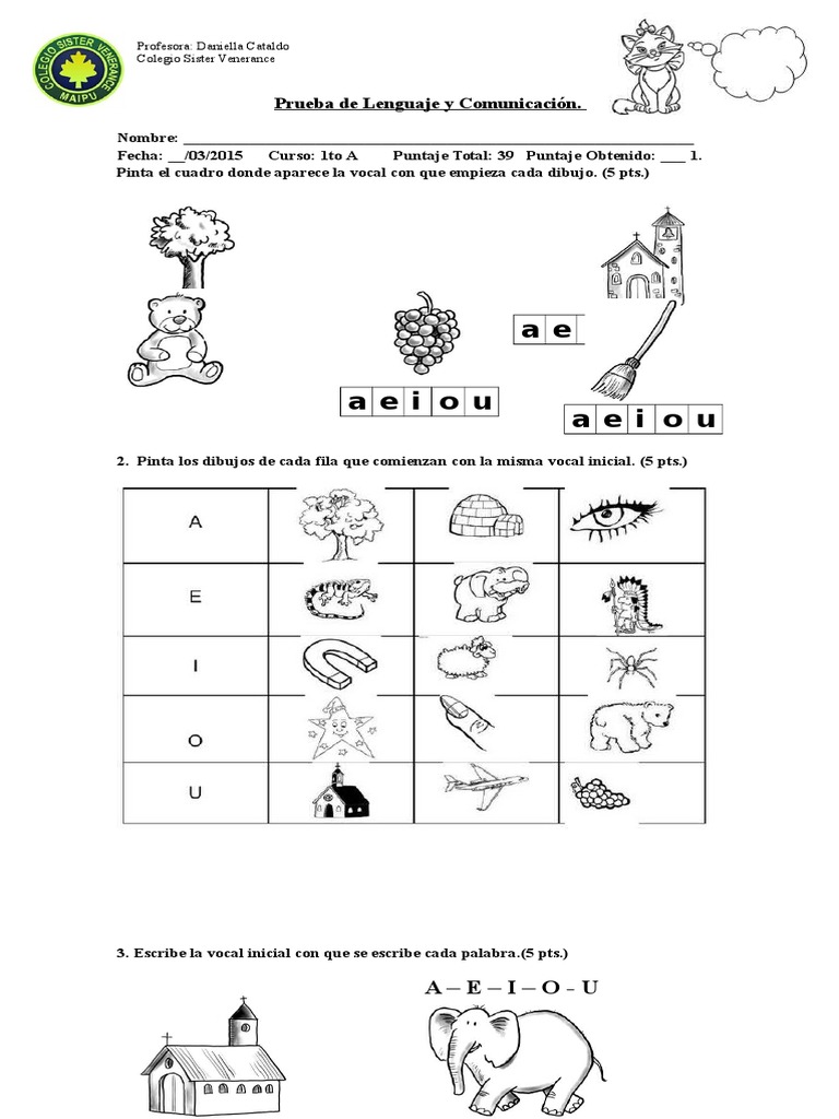 Prueba Las Vocales | PDF | Artes del Lenguaje y Comunicación