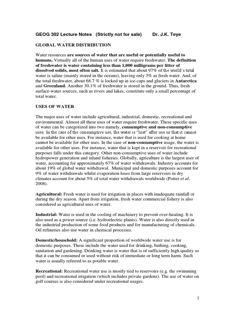 Geog 302 Water Notes 2014 | PDF | Water Resources | Water Pollution