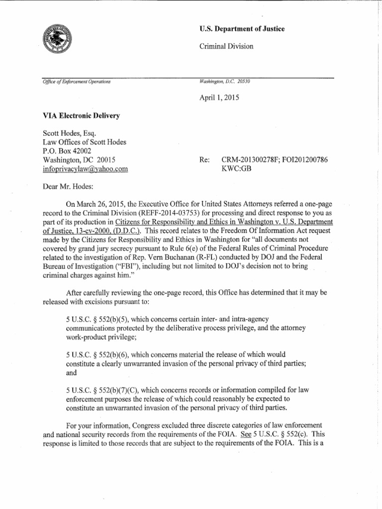 DOJ FOIA Response on Buchanan Investigation | PDF | Freedom Of ...