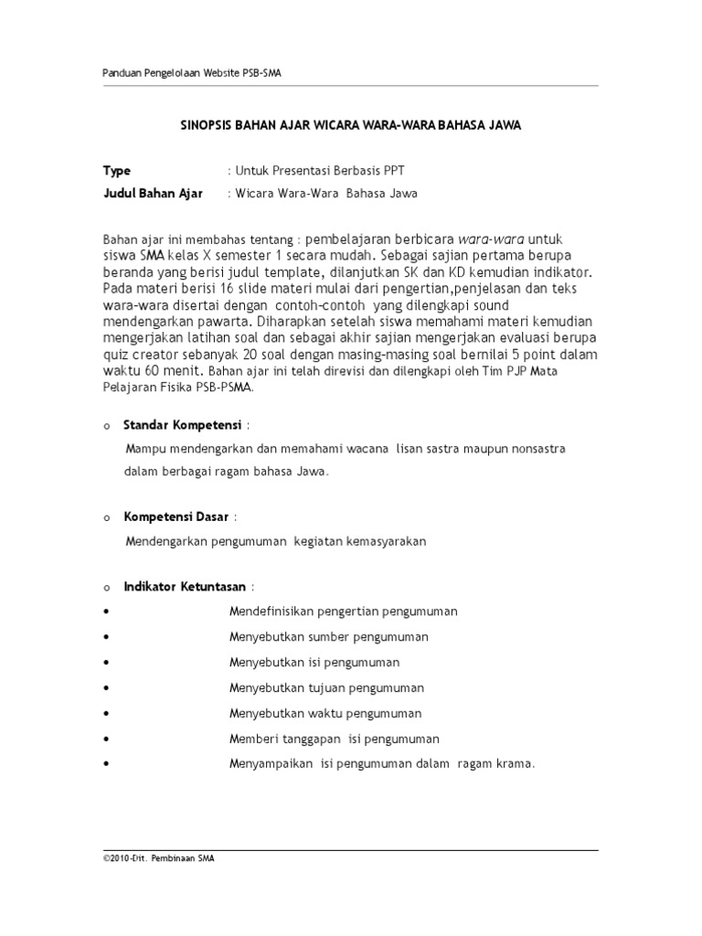 Synopsis Wicara Wara Wara Basa Jawa