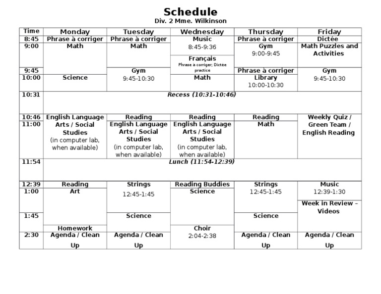 Mme. Wilkinson's Weekly Class Schedule | PDF