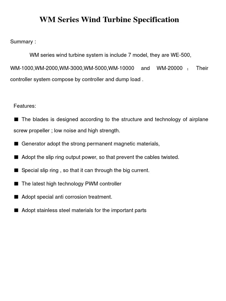 WM Series Wind Turbine Specification Performance Specifications and