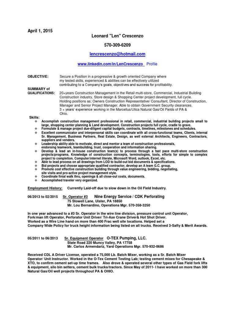 Senior Construction Project Manager in USA Resume Leonard Crescenzo
