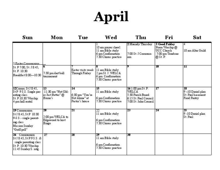 April Church Events Calendar | PDF