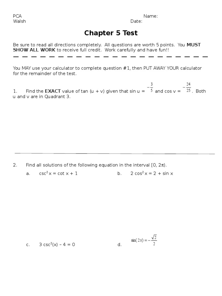 Chapter 5 Test: SHOW ALL WORK To Receive Full Credit. Work Carefully ...