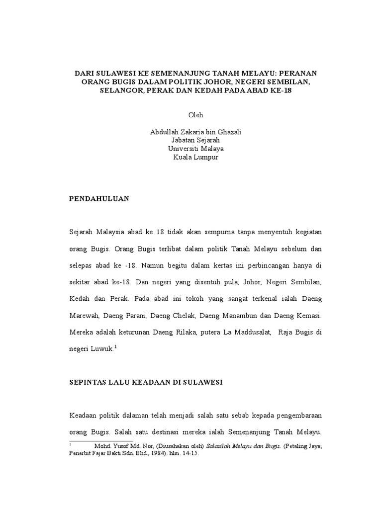 Peranan Orang Bugis Dalam Politik Johor Negeri Sembilan Selangor Perak Dan Kedah Pada Abad Ke 18 Pdf