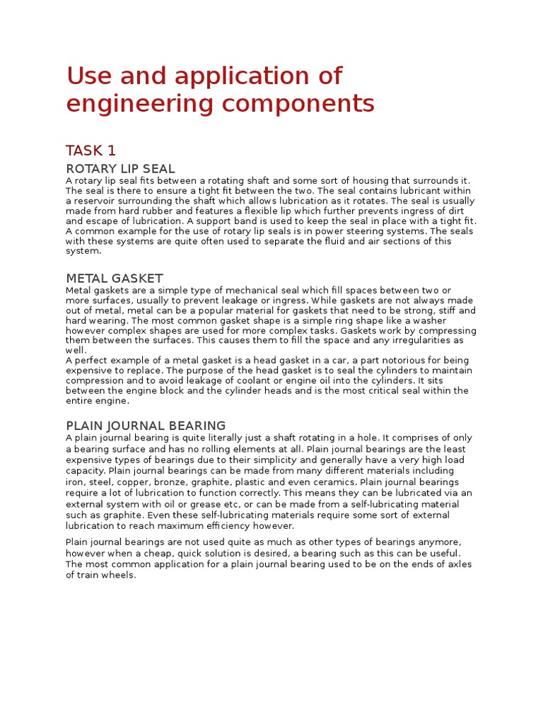 Engineering Components Overview | PDF | Bearing (Mechanical) | Screw