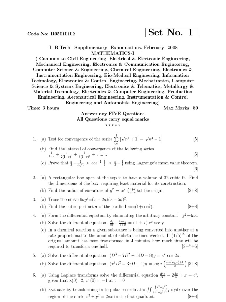 B.Tech Mathematics-I Exam Questions | PDF