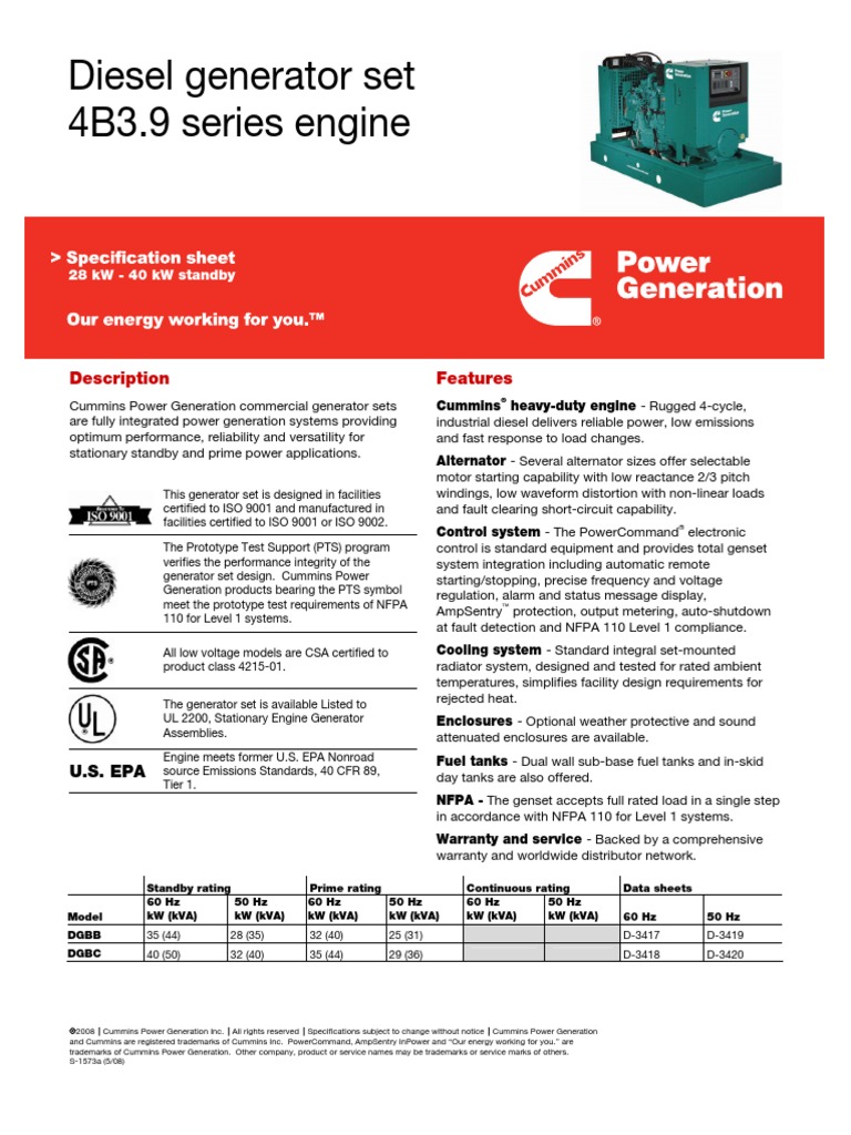Diesel Generator Set 4B3.9 Series Engine: Description Features | PDF