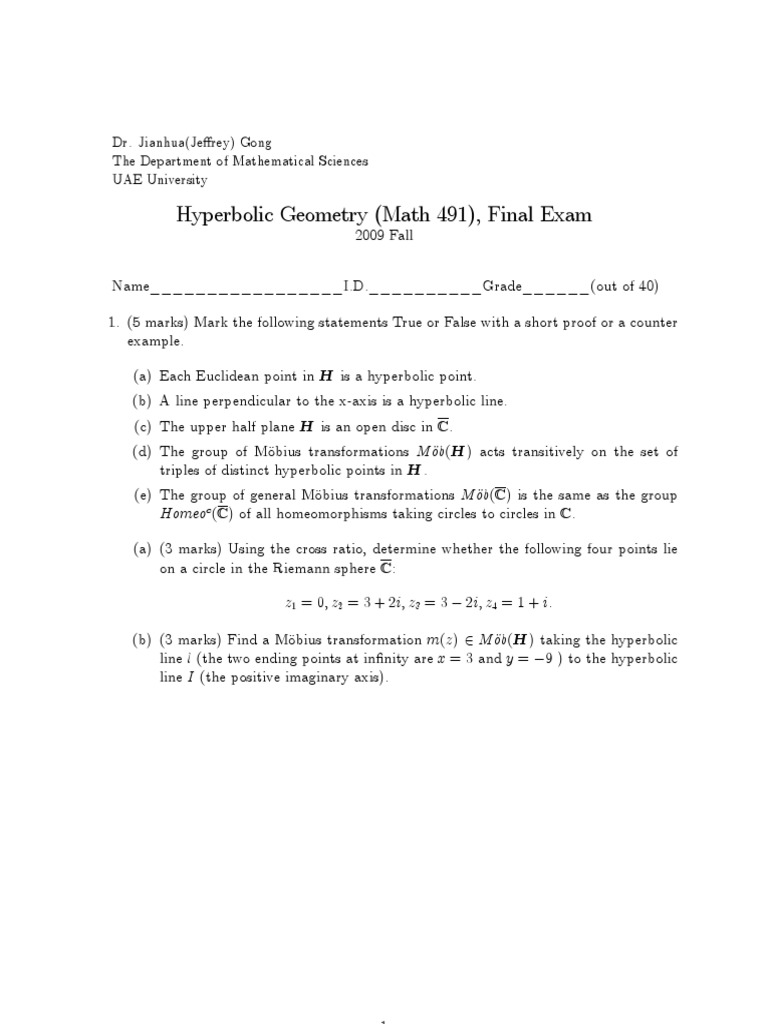Hyperbolic Geometry Exam | PDF