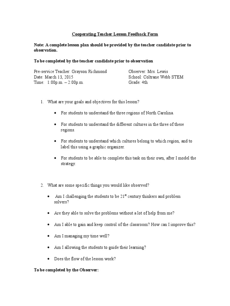 Teacher Feedback Form for Lesson Observation | PDF