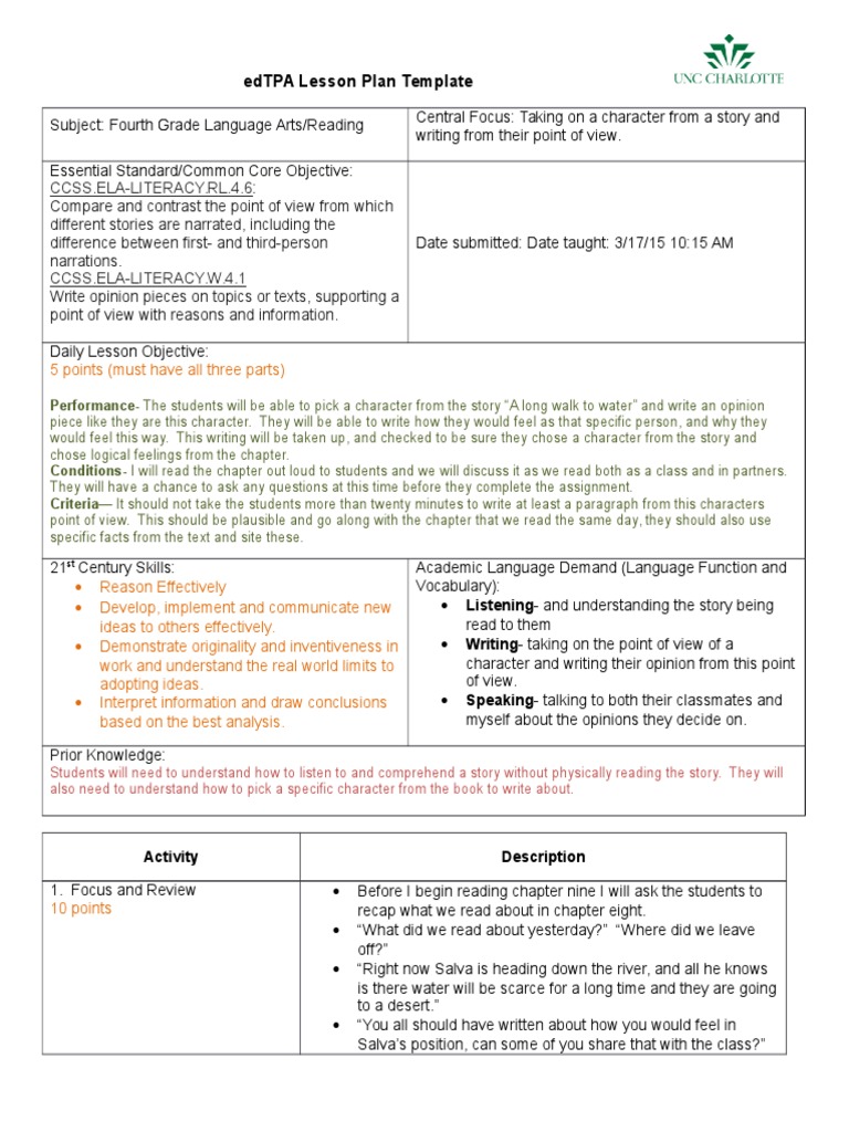 Edtpa Lesson Plan Template: Ccss - Ela-Literacy - Rl.4.6 | PDF ...