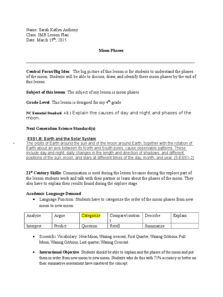 Moon Phases Lesson Plan for 4th Grade | PDF | Educational Assessment | Moon