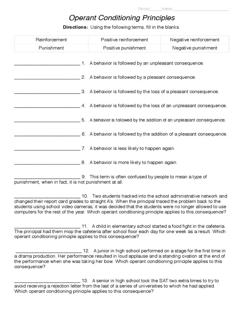 Operant Conditioning Worksheet Punishments Reinforcement