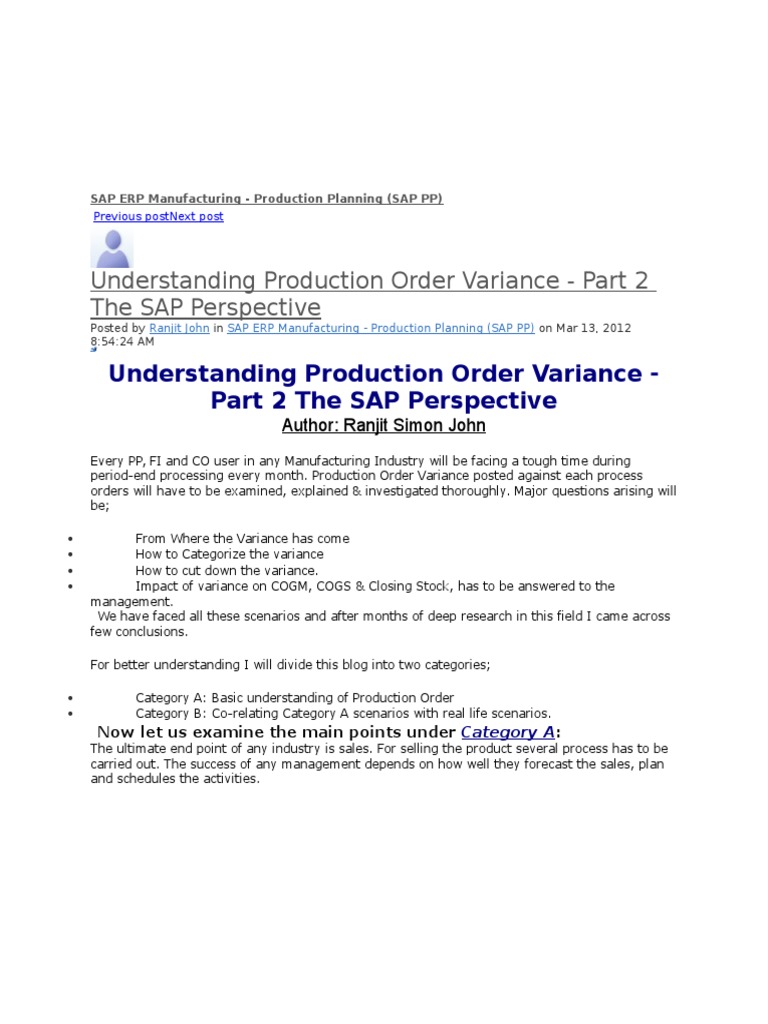 Production Order Variance Analysis in SAP | PDF | Debits And Credits ...