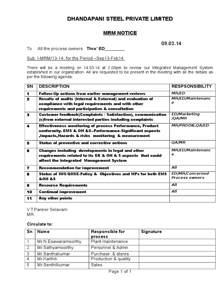 MRM Meeting Agenda for Dhandapani Steel | PDF | Business | Finance ...