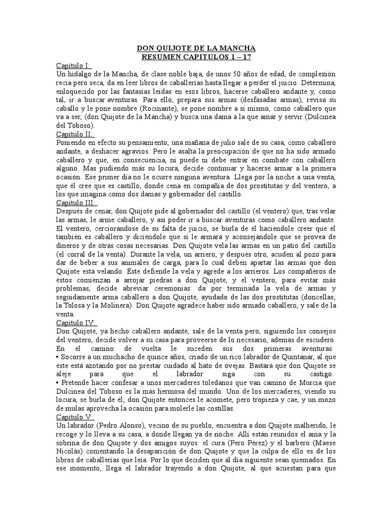 Don Quijote Resumen Por Capitulos